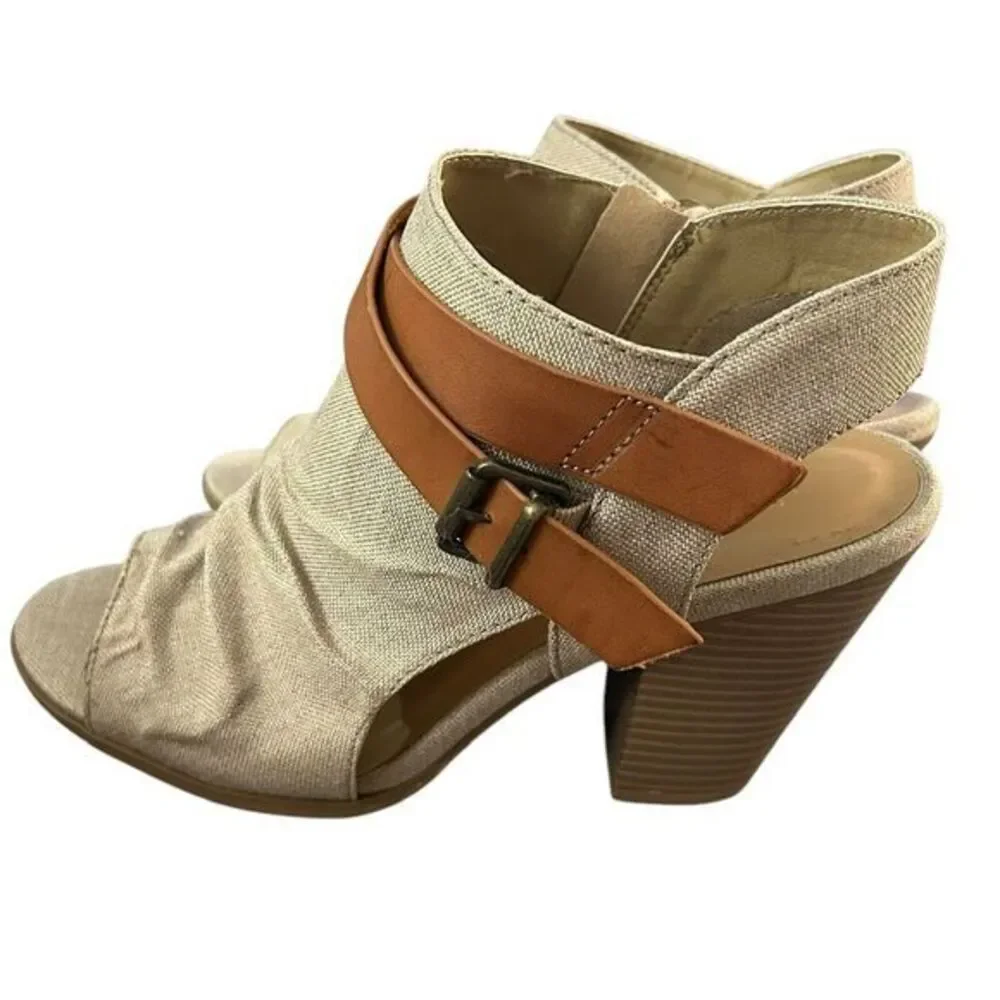 Soda Shoes Womens 7.5 Peep Toe Buckle Booties Linen Tan Stacked Heel Coastal New